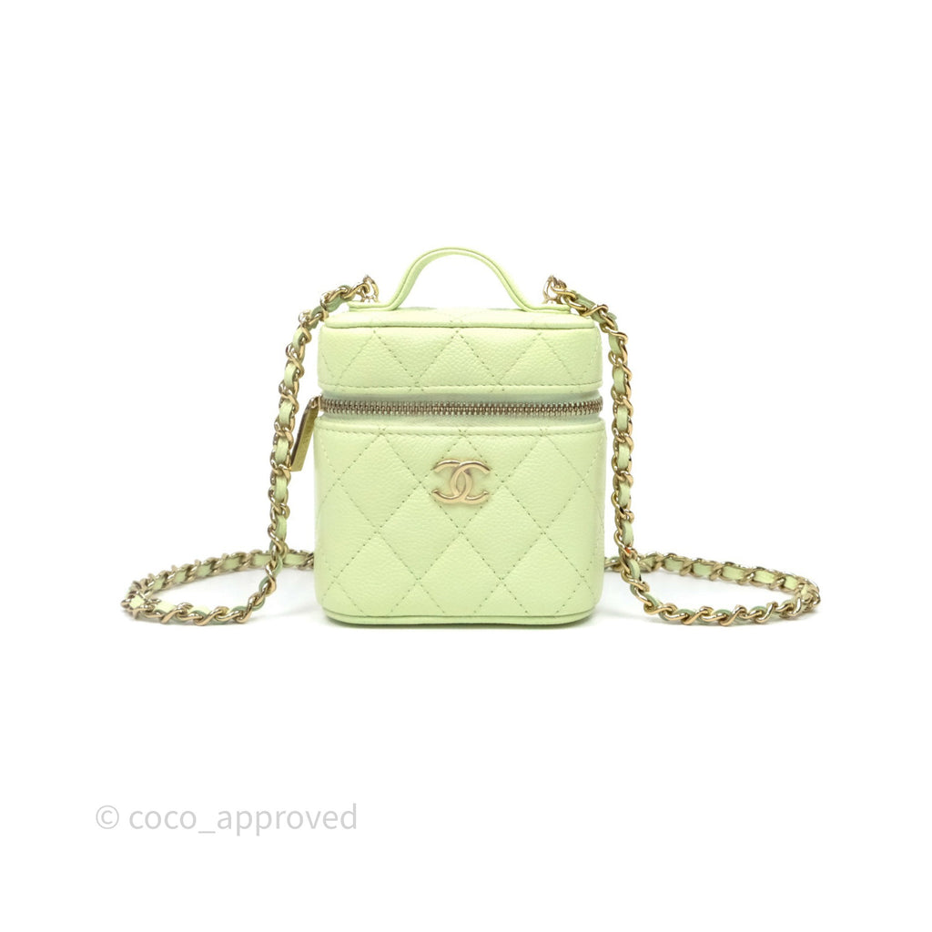 Chanel Quilted Mini Handle With Care Vanity Case With Chain Green Caviar Gold Hardware