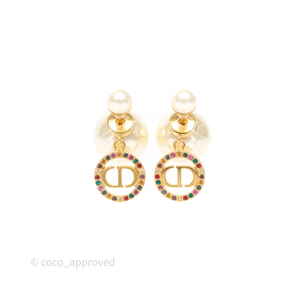 Christian Dior Crystal CD Pearl Tribales Earrings Gold Tone