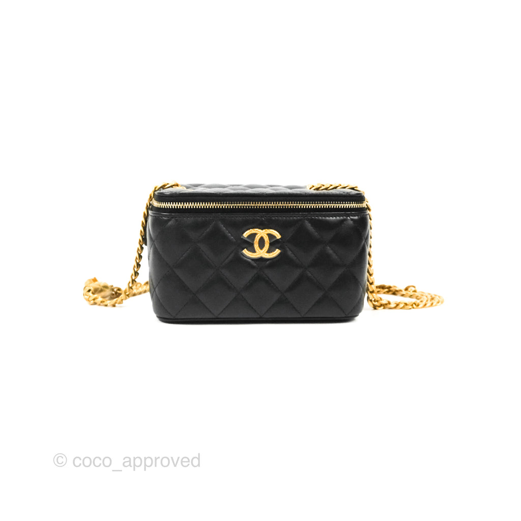 Chanel Vanity with Adjustable Chain Black Lambskin Aged Gold Hardware 22K