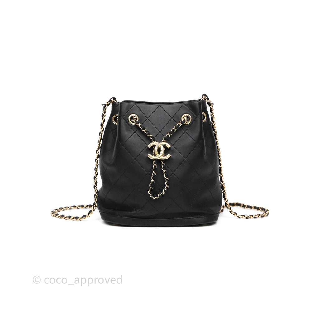 Chanel Quilted Drawstring Bucket Bag Black Calfskin Gold Hardware