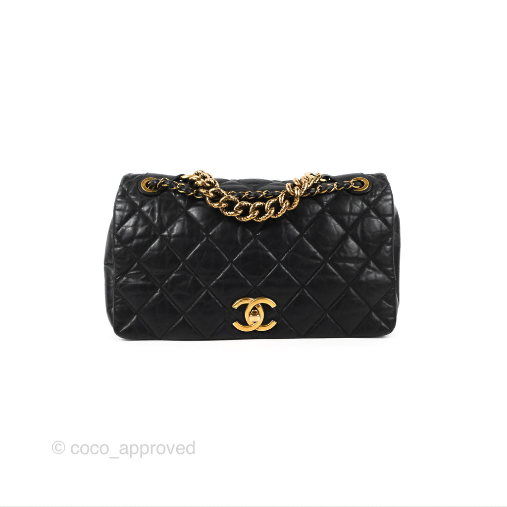 Chanel Medium Pondicherry Flap Bag Black Crumpled Calfskin Antique Gold Hardware