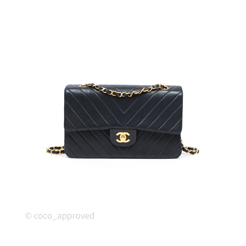 Chanel Vintage Medium Classic Flap Chevron Black Lambskin 24K Gold Hardware