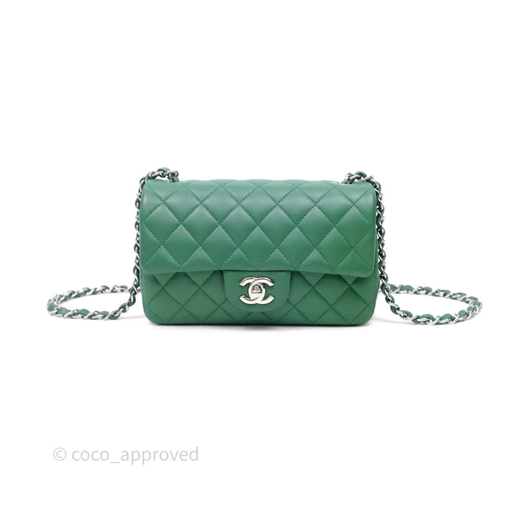 Chanel Mini Rectangular Quilted Lambskin Flap Bag Green Silver Hardware