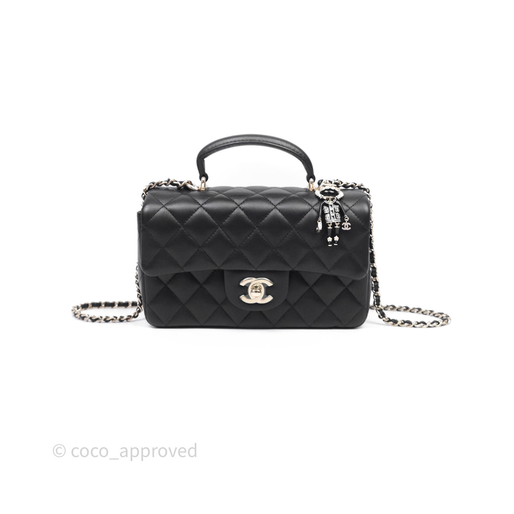 Chanel Top Handle Mini Rectangular Flap With Lion Charm Black Lambskin Gold Hardware