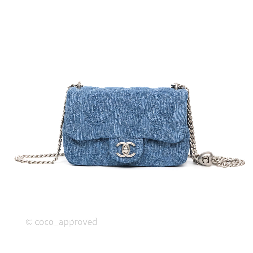 Chanel Quilted Camellia Printed Heart Crush Mini Flap Bag Blue Denim Aged Silver Hardware