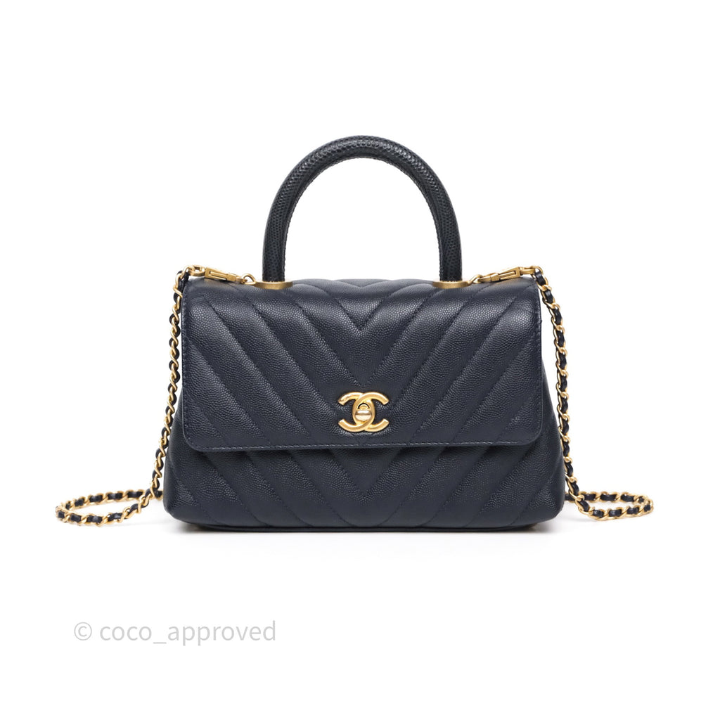 Chanel Small Coco Handle Chevron Navy Caviar Aged Gold Hardware Lizard Handle
