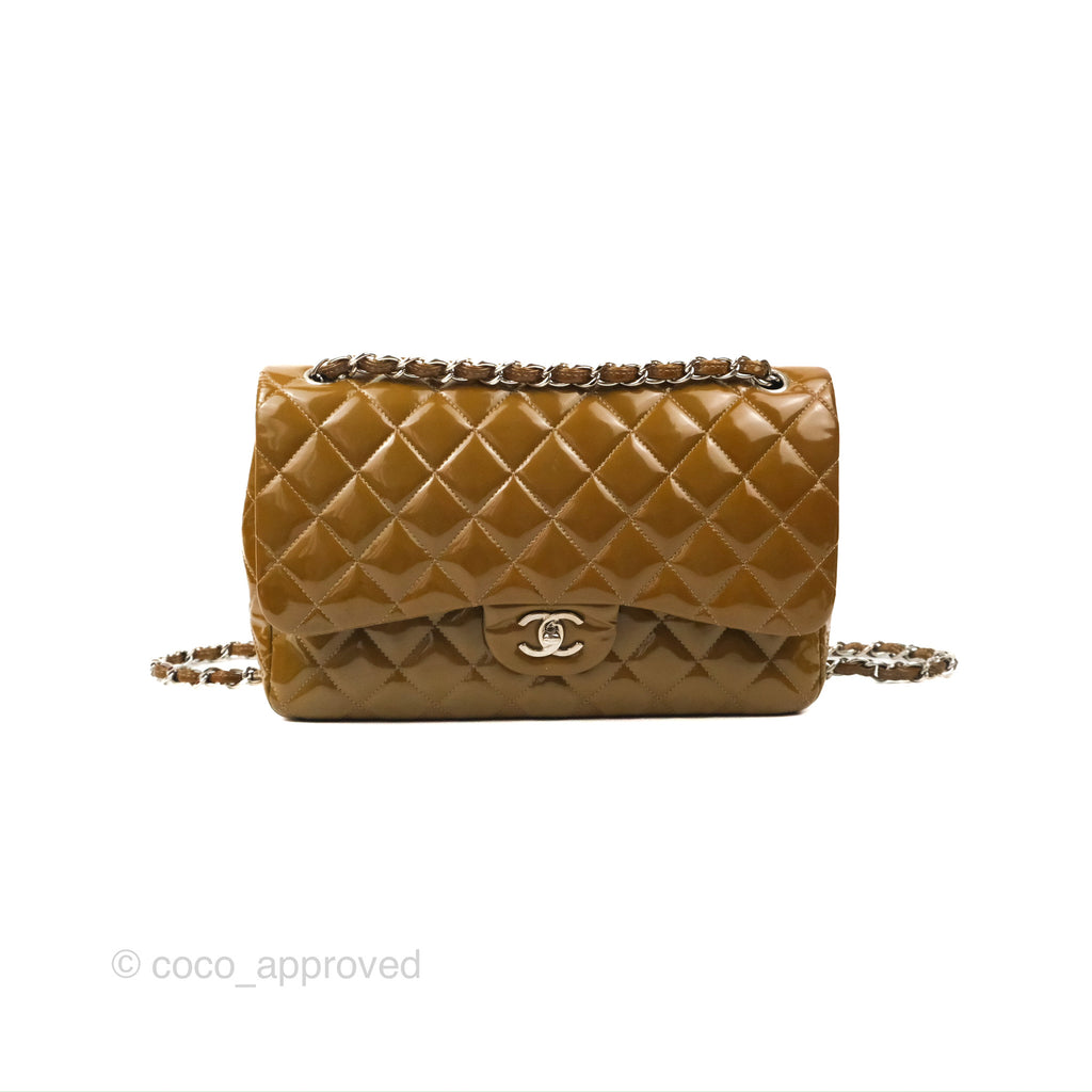 Chanel Jumbo Double Flap Brown Patent Silver Hardware⁣⁣