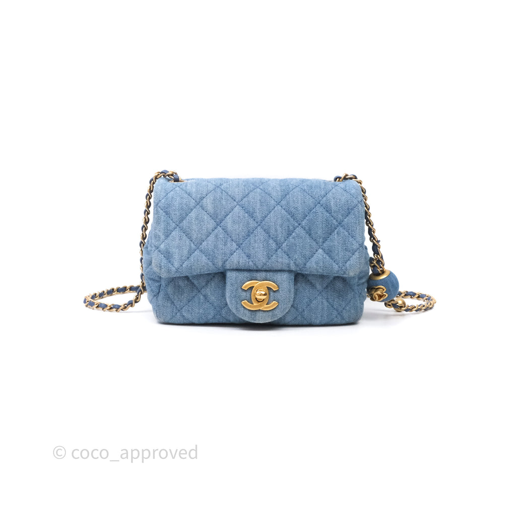 Chanel Mini Square Pearl Crush Quilted Denim Aged Gold Hardware