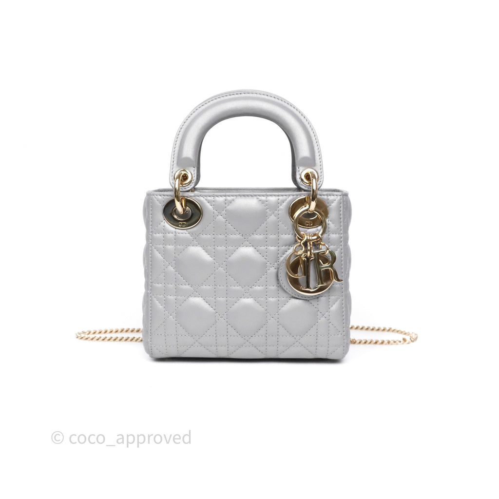 Christian Dior Mini Lady Dior Iridescent Grey Lambskin Cannage Gold Hardware