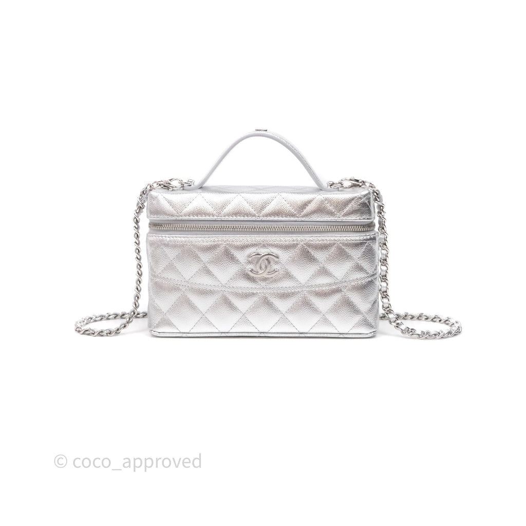 Chanel Top Handle Long Vanity Case with Chain Metallic Silver