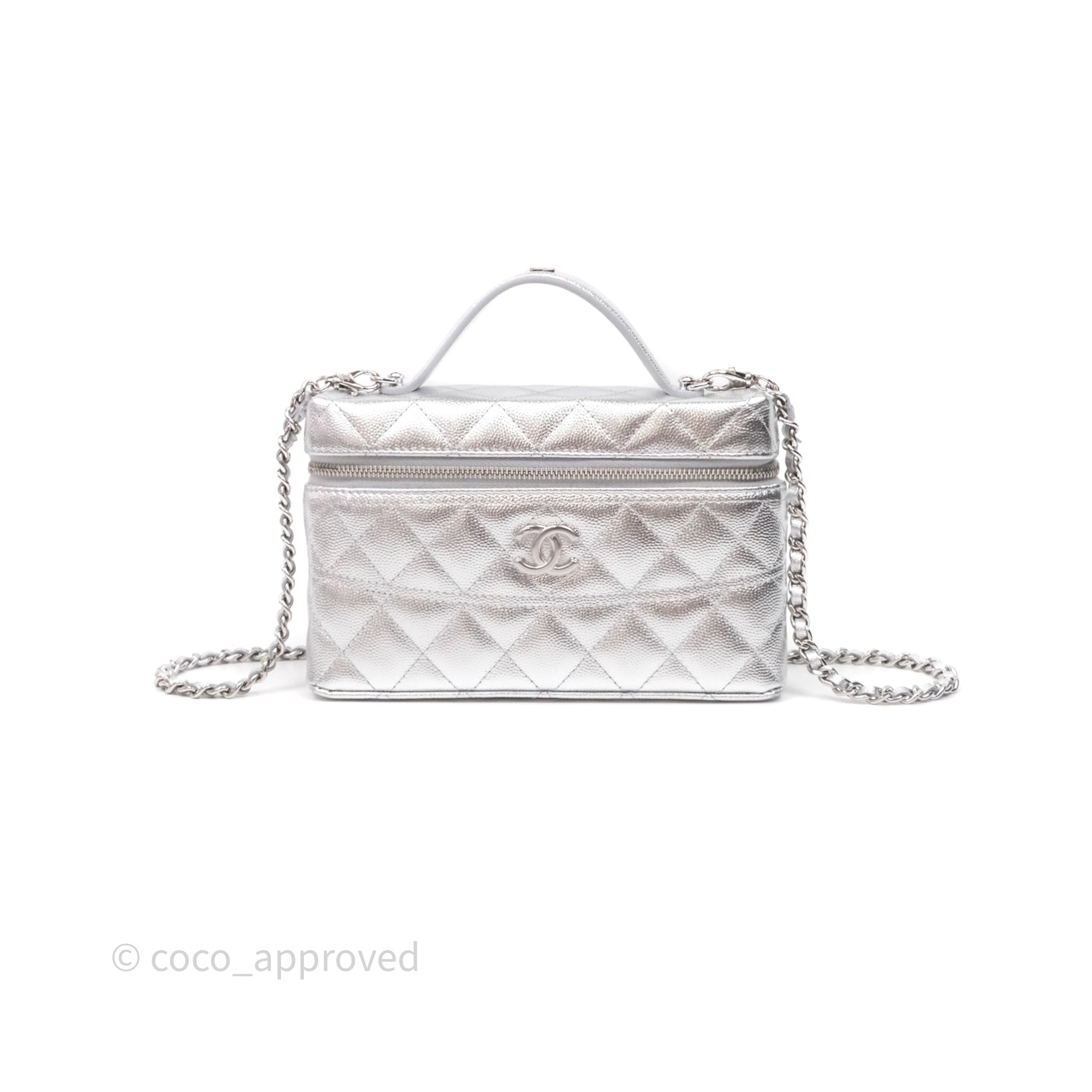Chanel Top Handle Long Vanity Case with Chain Metallic Silver