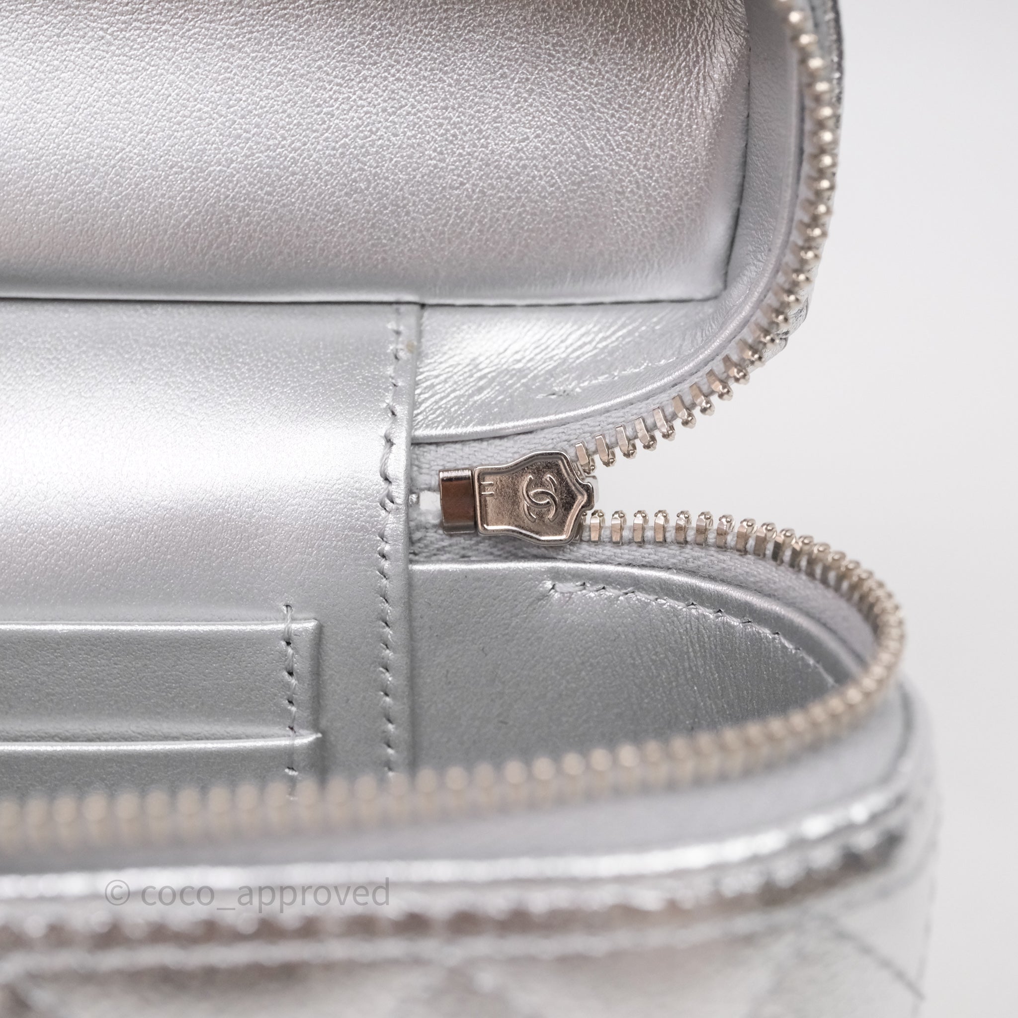 Chanel Top Handle Long Vanity Case with Chain Metallic Silver