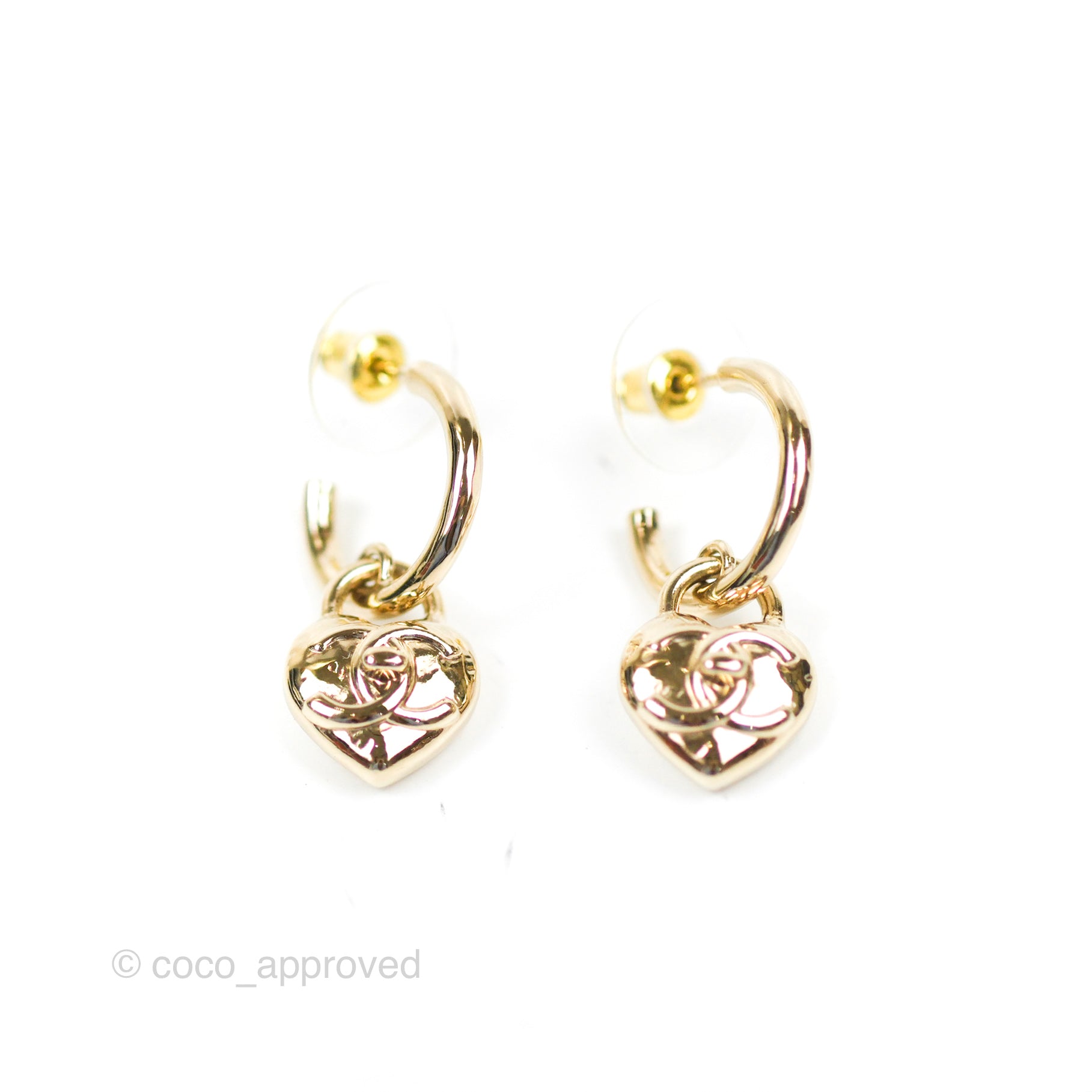 Chanel Heart CC Drop Hoop Earrings Gold Tone 23V