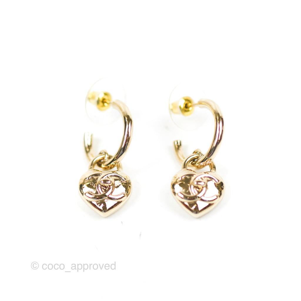 Chanel Heart CC Drop Hoop Earrings Gold Tone 23V 