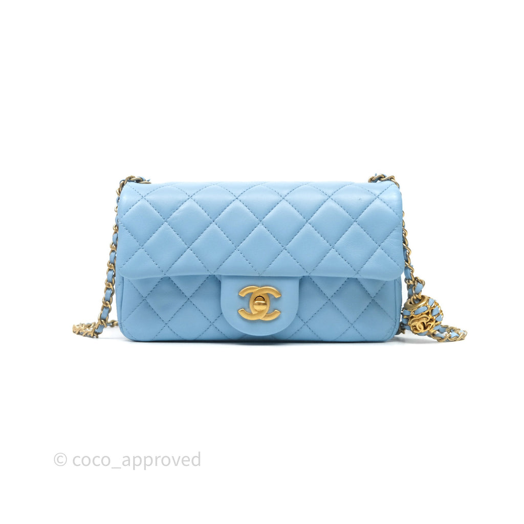 Chanel Mini Rectangular Pearl Crush Quilted Blue Lambskin Aged Gold Hardware