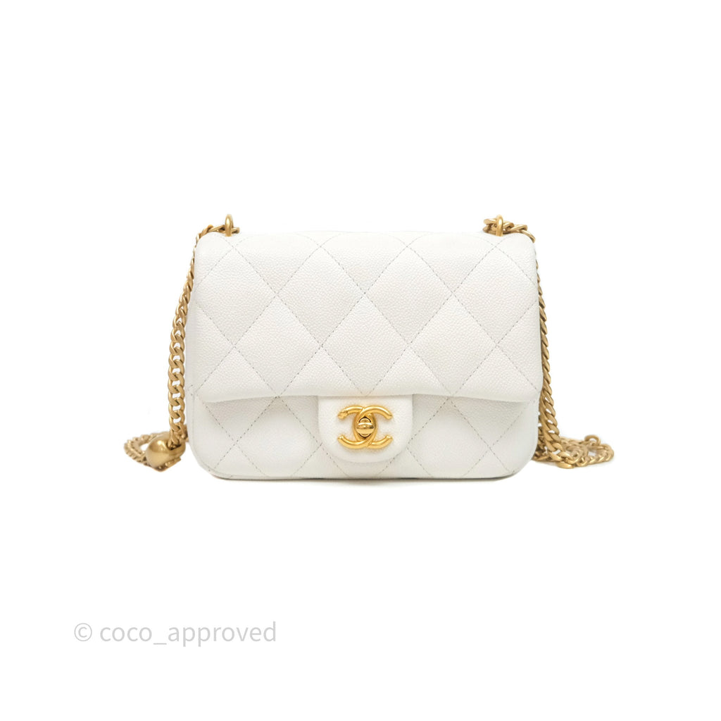 Chanel Mini Flap Bag Heart Adjustable Chain White Caviar Aged Gold Hardware