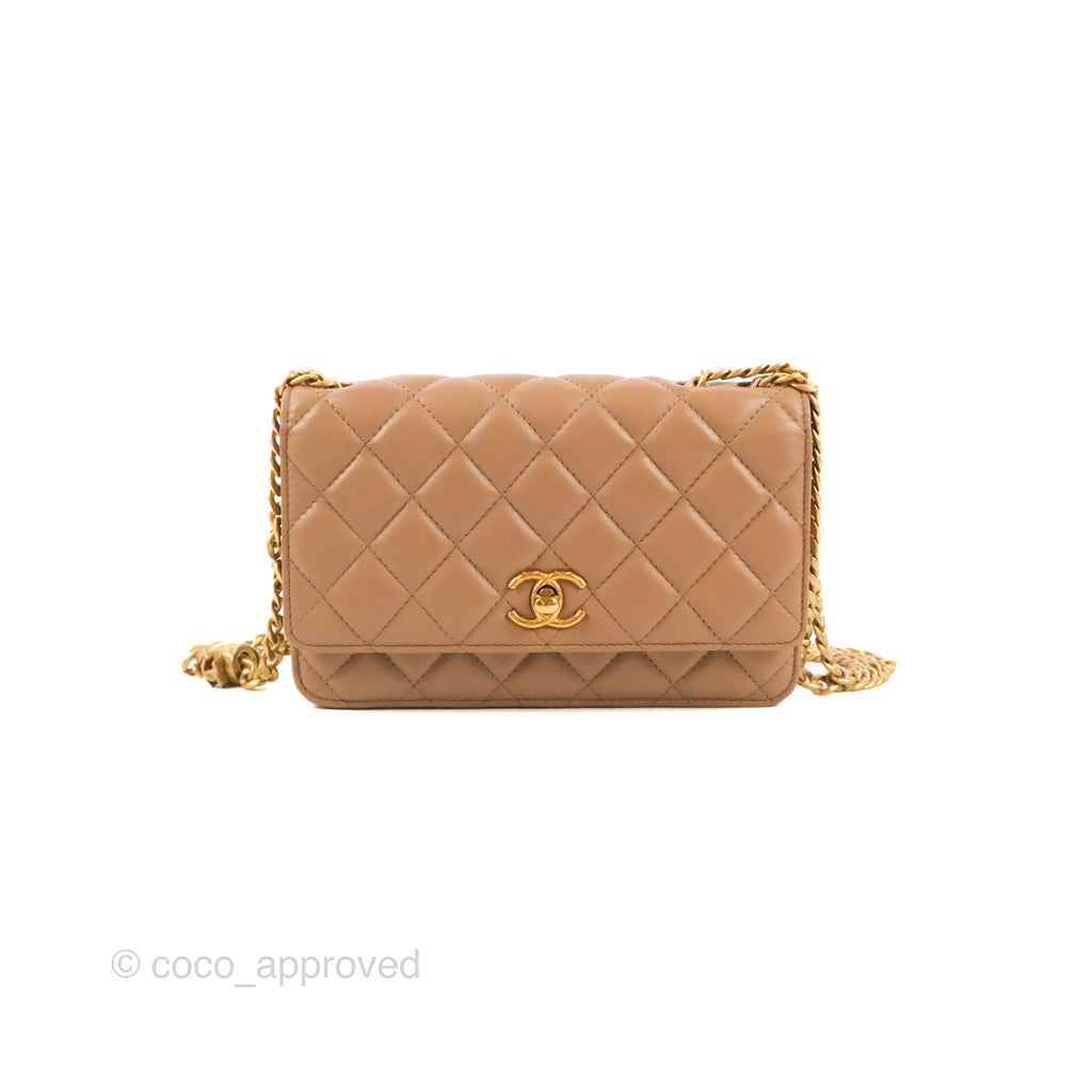 Chanel Quilted Wallet on Chain WOC Adjustable Chain Beige Lambskin Aged Gold Hardware 22K