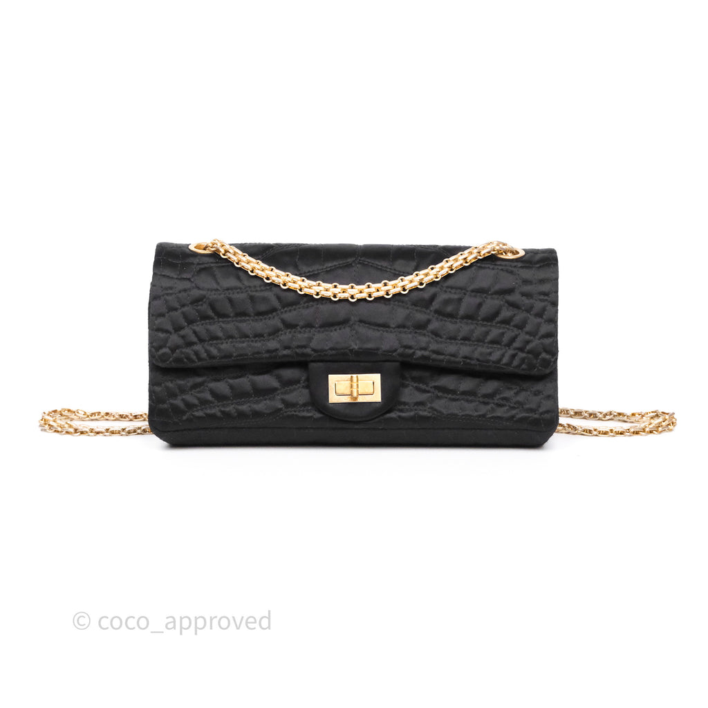 Chanel 2.55 Reissue East West Double Flap Black Satin Croc Aged Gold Hardware