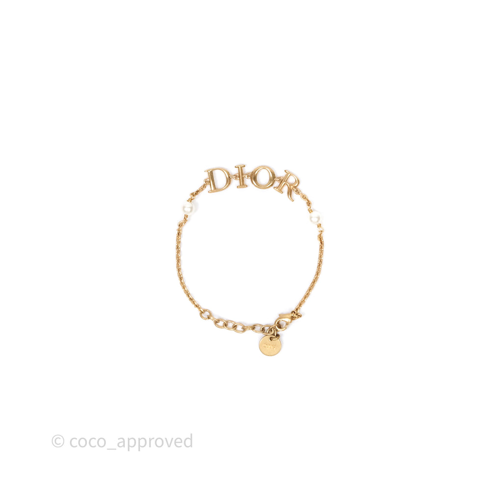 Christian Dior Logo Pearl Bracelet Gold Tone