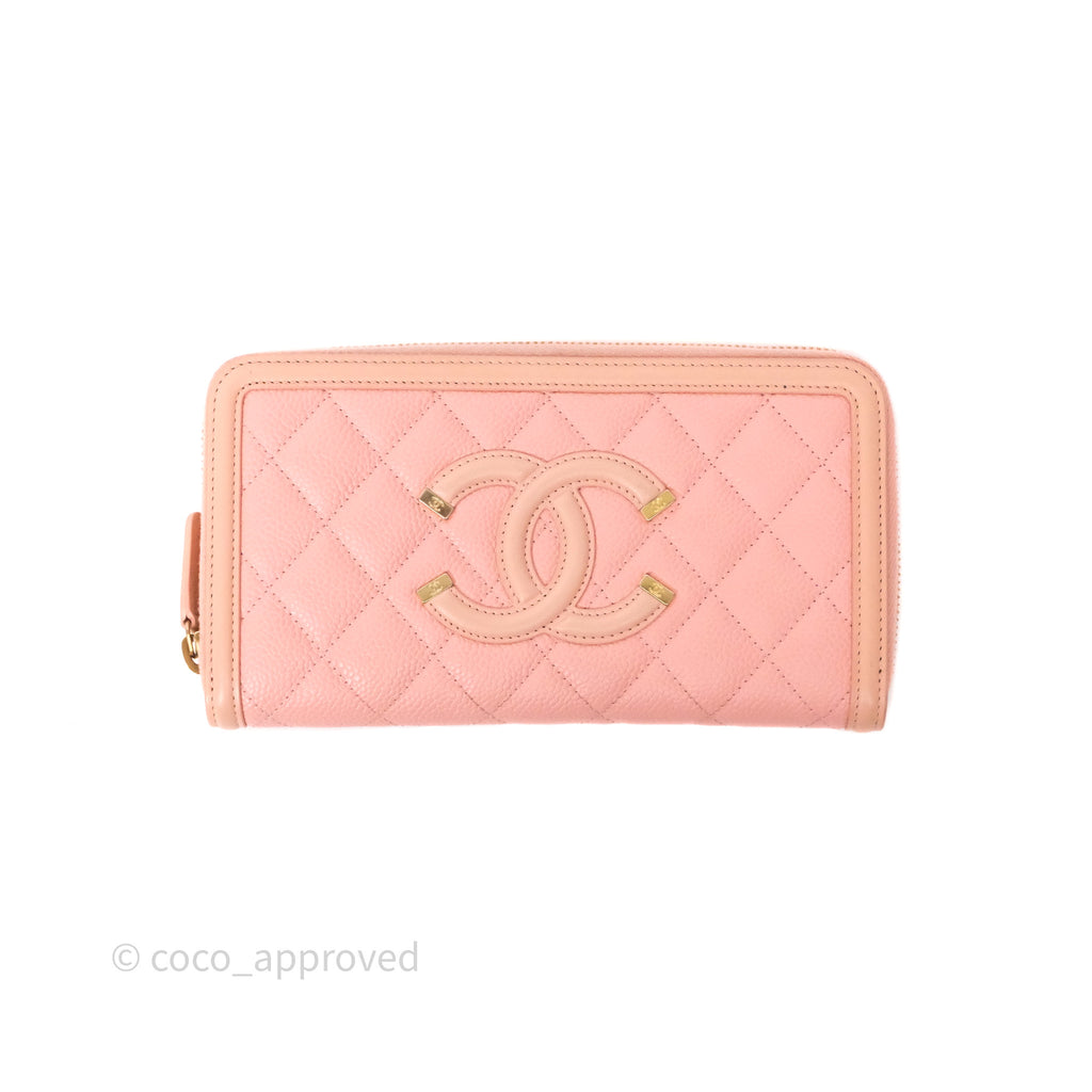 Chanel CC Filigree Zipped Long Wallet Pink Caviar Gold Hardware