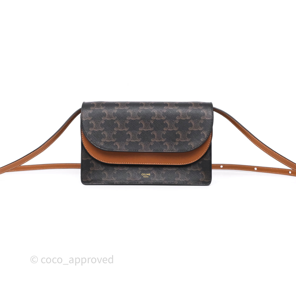 Celine Wallet On Strap Triomphe Canvas Tan Lambskin