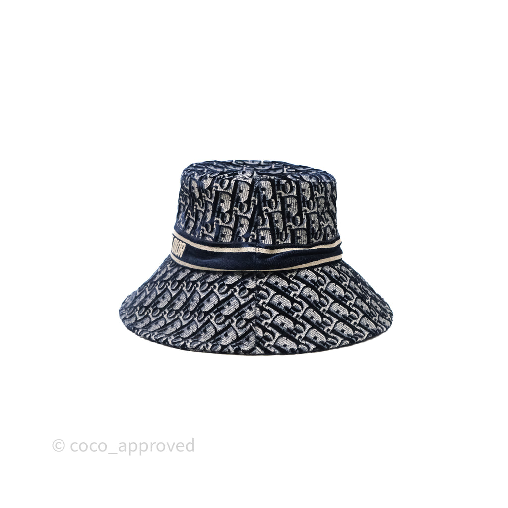 Christian Dior Navy Blue Oblique Jacquard Velvet Bucket Hat Size