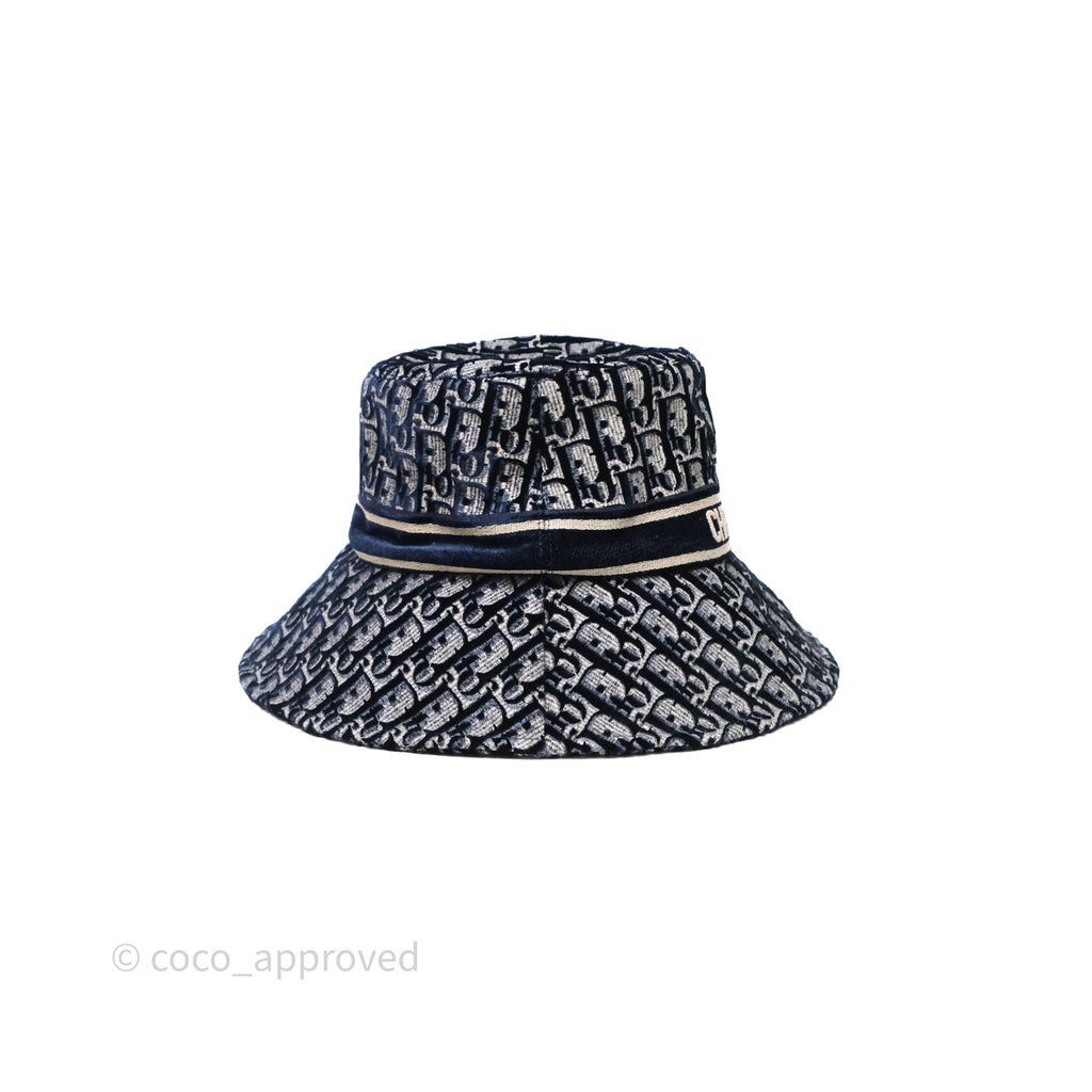 Christian Dior Navy Blue Oblique Jacquard Velvet Bucket Hat Size