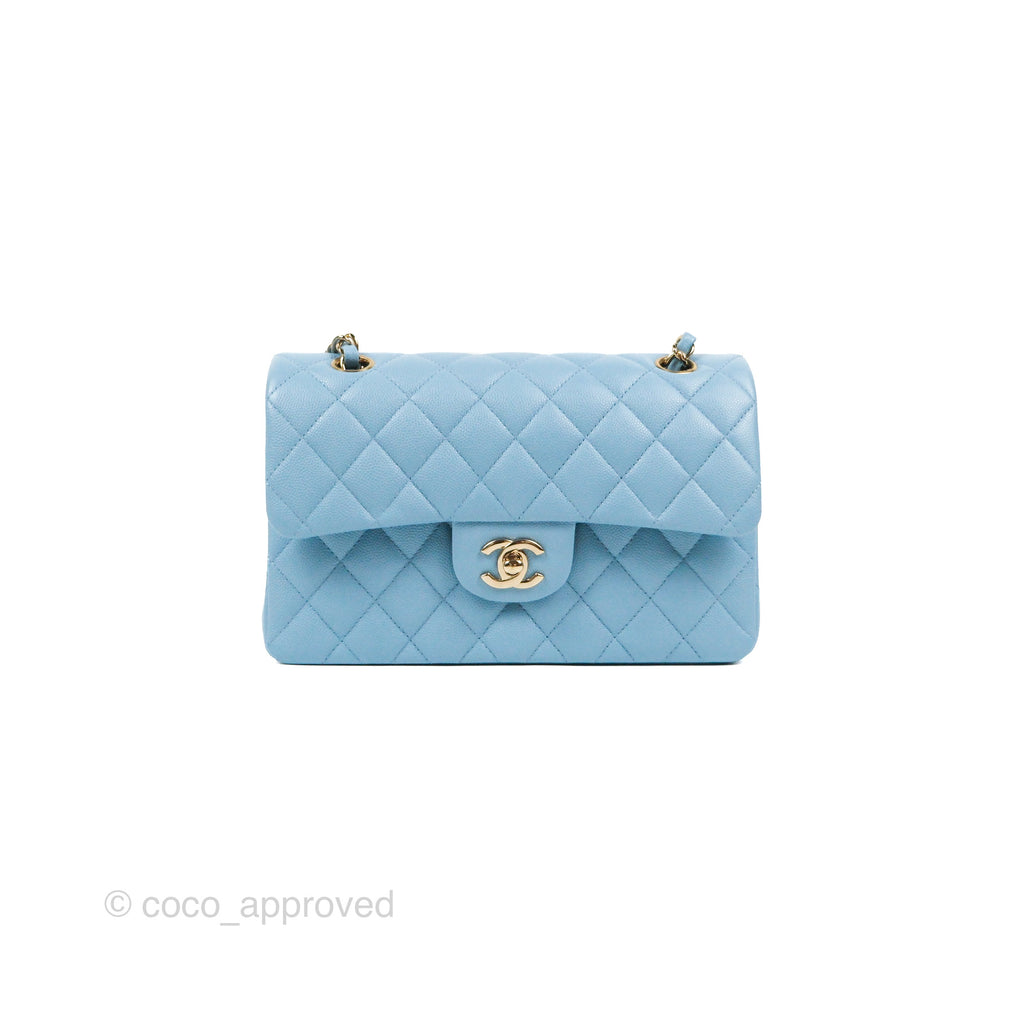 Chanel Small Classic Quilted Flap Light Blue Caviar Gold Hardware