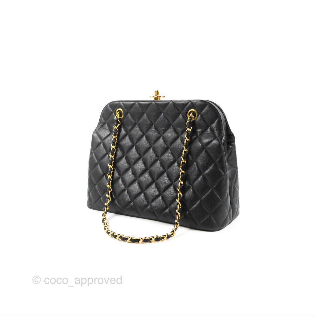 Chanel Vintage CC Turnlock Shoulder Bag Quilted Black Caviar 24K Gold Hardware