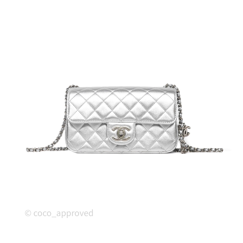 Chanel Quilted Mini Rectangular With Enamel CC Adjustable Chain Metallic Silver Caviar