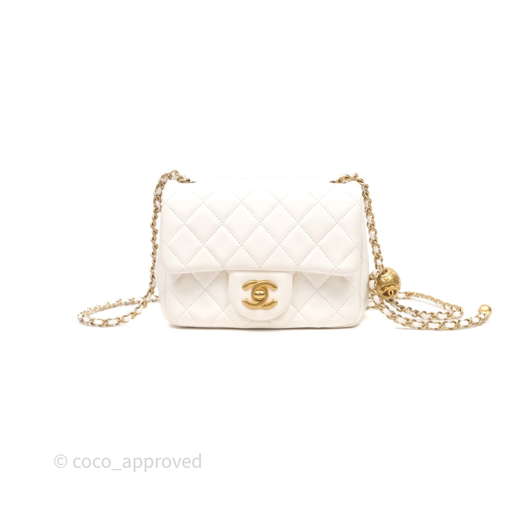 Chanel Mini Square Pearl Crush Quilted White Lambskin Aged Gold Hardware