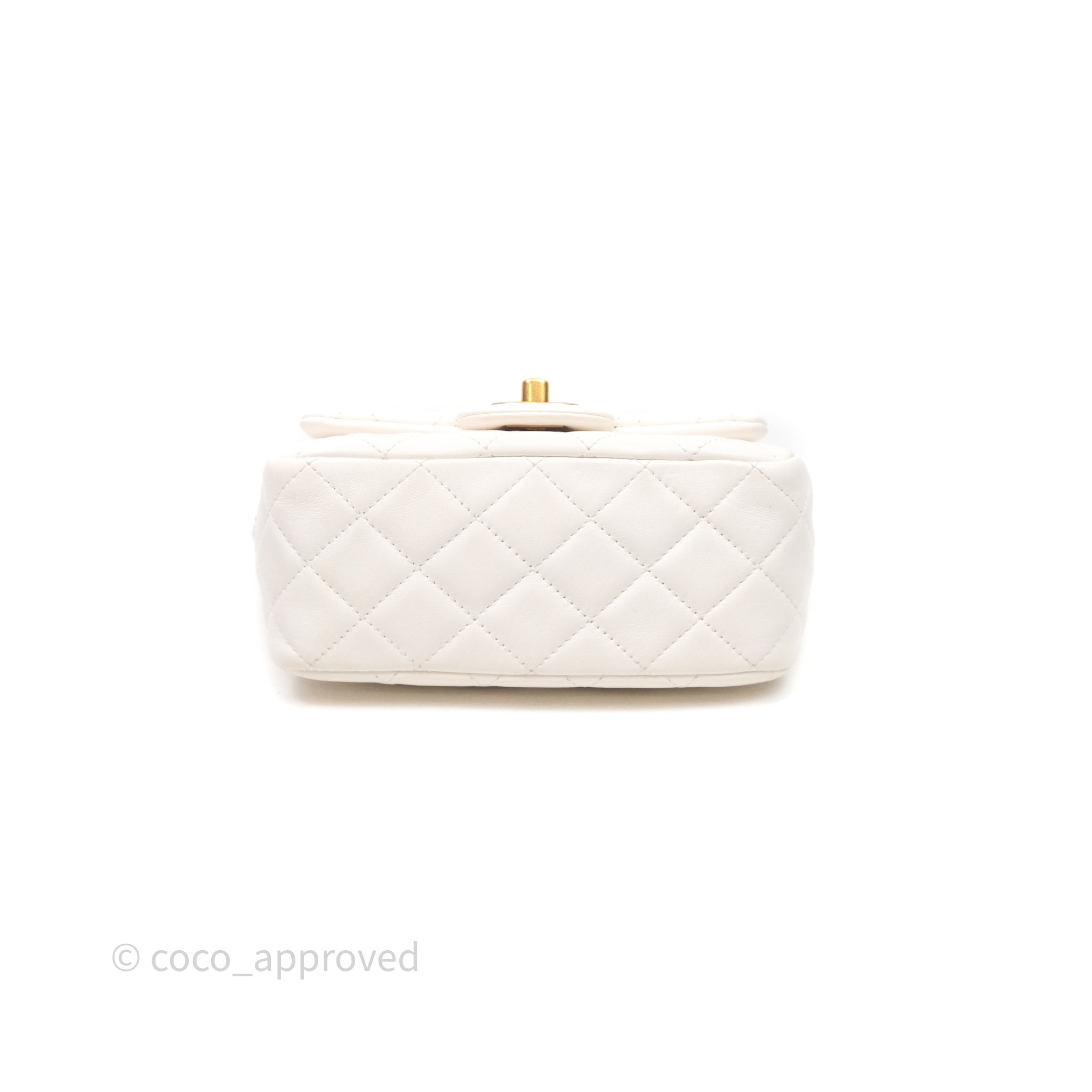 Chanel Mini Square Pearl Crush Quilted White Lambskin Aged Gold
