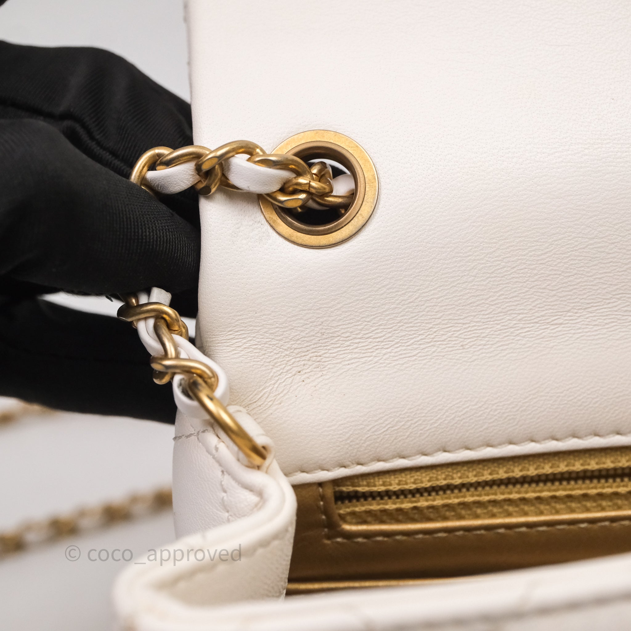 Chanel Mini Square Pearl Crush Quilted White Lambskin Aged Gold