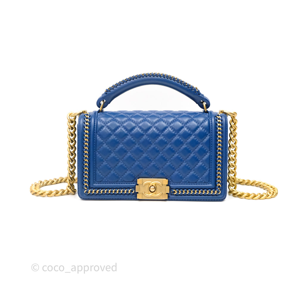 Chanel Quilted Medium Boy With Handle Blue Calfskin Aged Gold Hardware