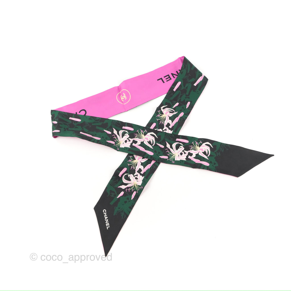 Chanel Flora Silk Twilly Scarf Black/Green/Pink 23A