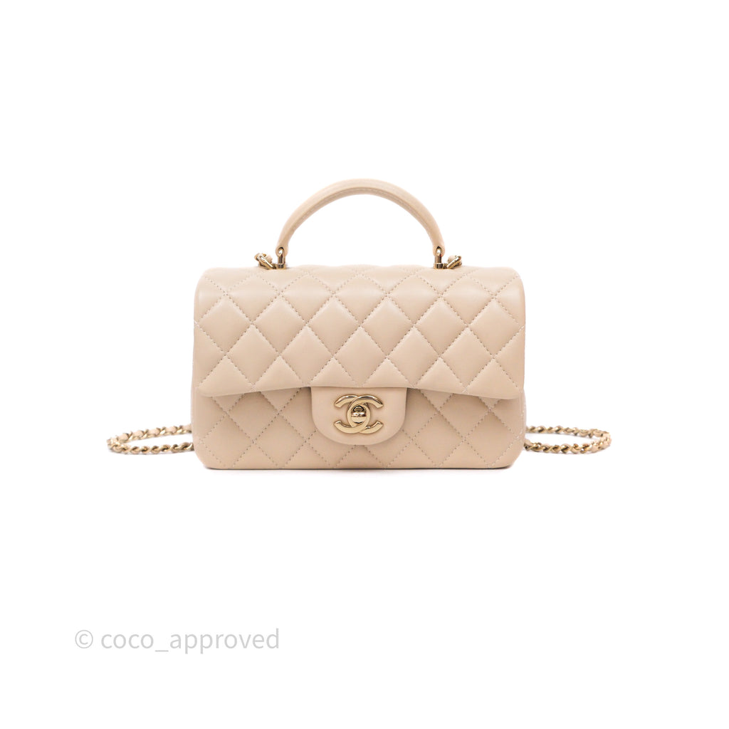 Chanel Top Handle Mini Rectangular Flap Beige Lambskin Gold Hardware