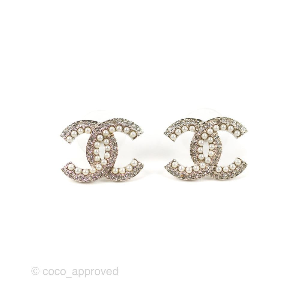 Chanel CC Pearl Crystal Earrings Silver Tone 19K