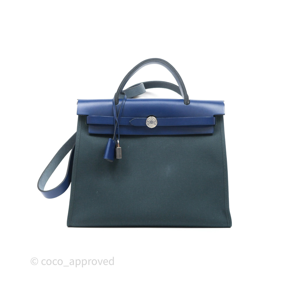 Hermes Herbag 31 Vert Cypres 6O/ Bleu Saphir 73 Palladium Hardware