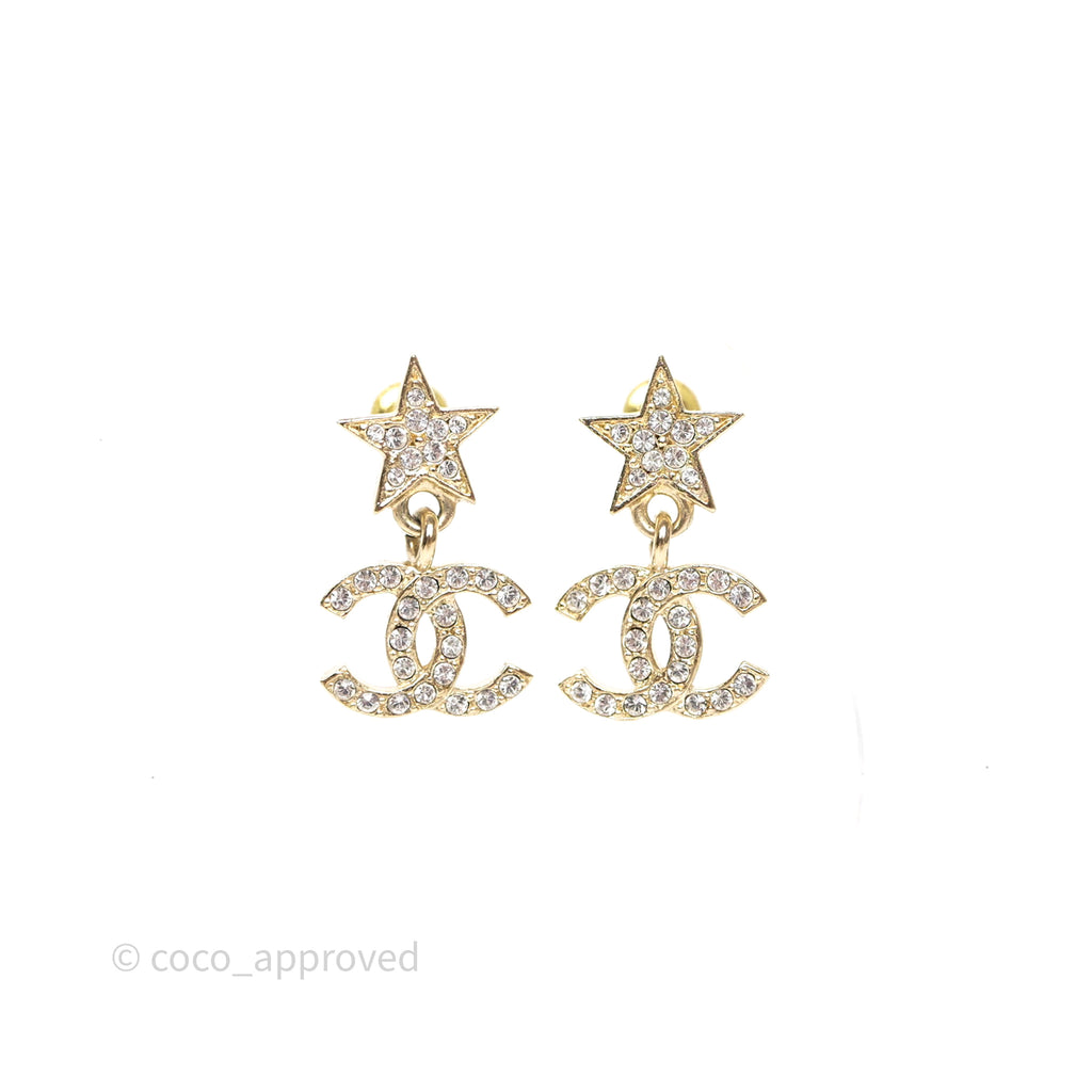 Chanel Star Drop Crystal CC Earrings Gold Tone 23A