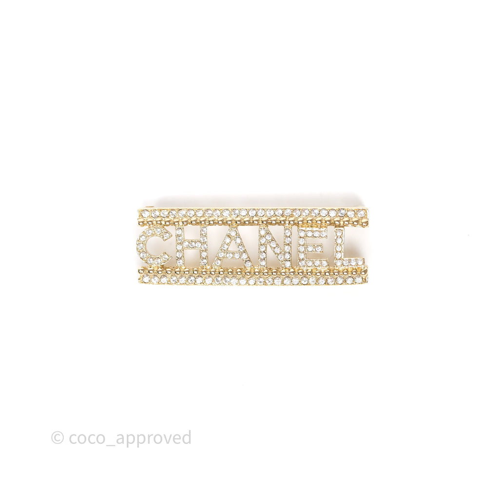 Chanel Logo Crystal Brooch Gold Tone 23A