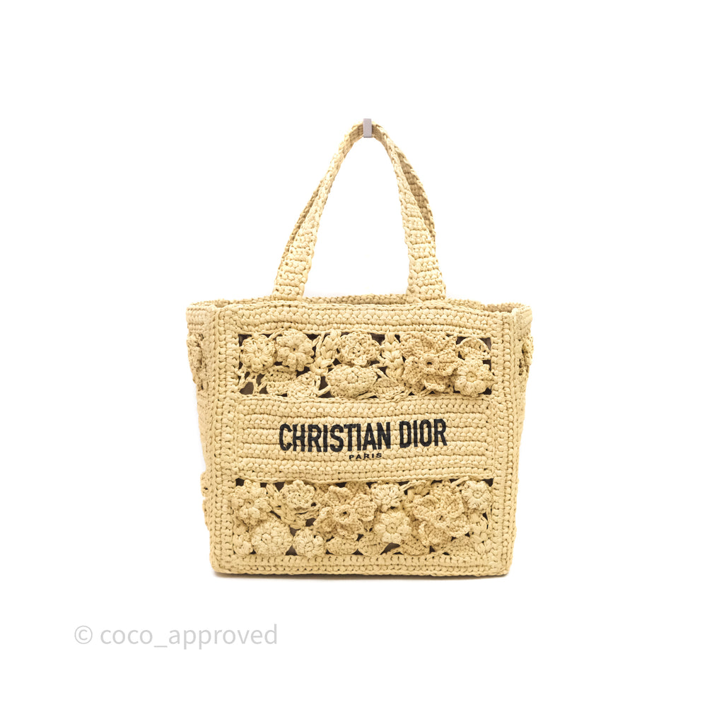Christian Dior Floral Embellished Book Tote Bag Raffia Natural