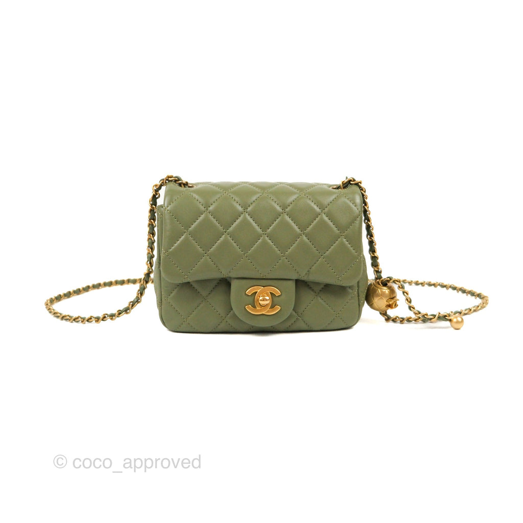 Chanel Pearl Crush Mini Square Quilted Olive Green Lambskin Aged Gold Hardware