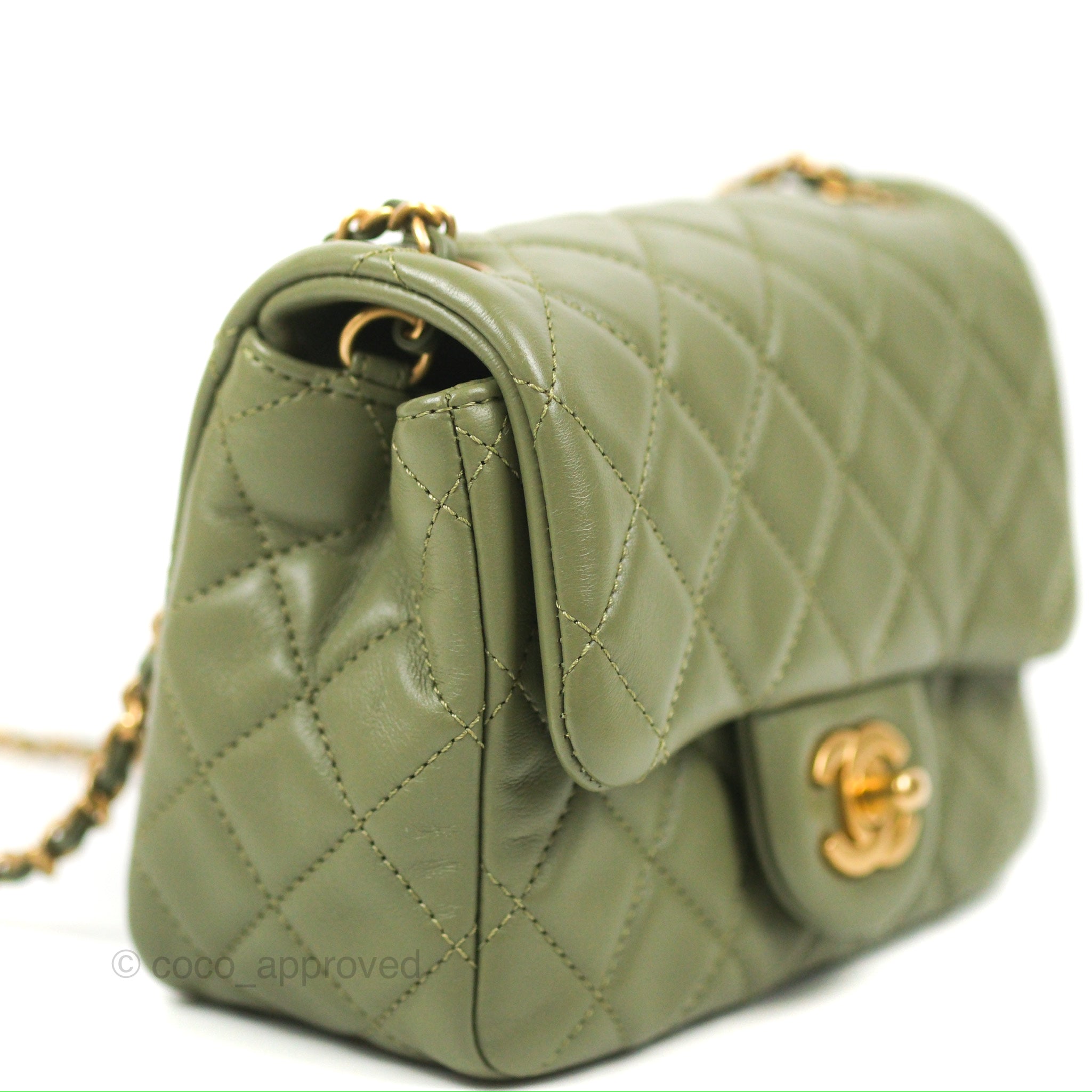 Chanel Olive Green Quilted Lambskin Mini Flap Bag With Pearl Crush