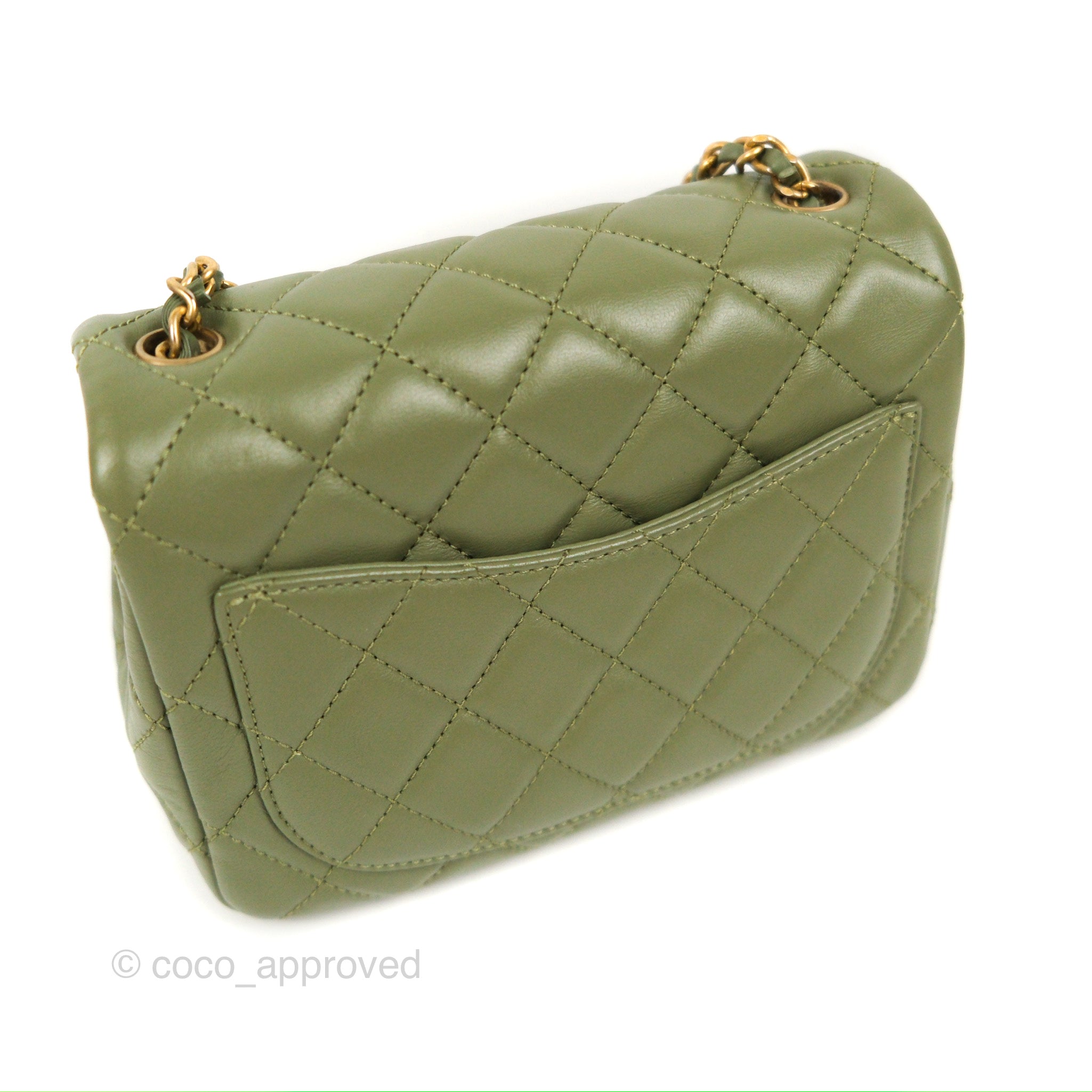 Chanel Pearl Crush Mini Square Quilted Olive Green Lambskin Aged Gold –  Coco Approved Studio