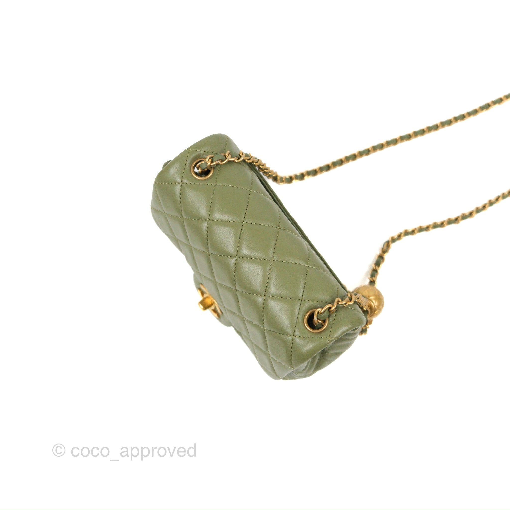Chanel Pearl Crush Mini Square Quilted Olive Green Lambskin Aged Gold –  Coco Approved Studio