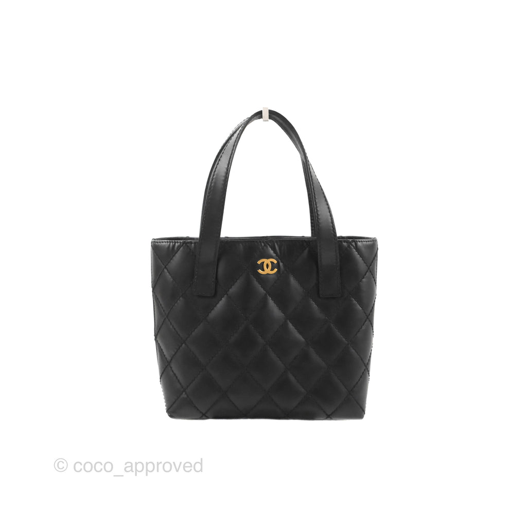 Chanel Vintage Quilted CC Tote Bag Matte Black Calfskin Gold Hardware