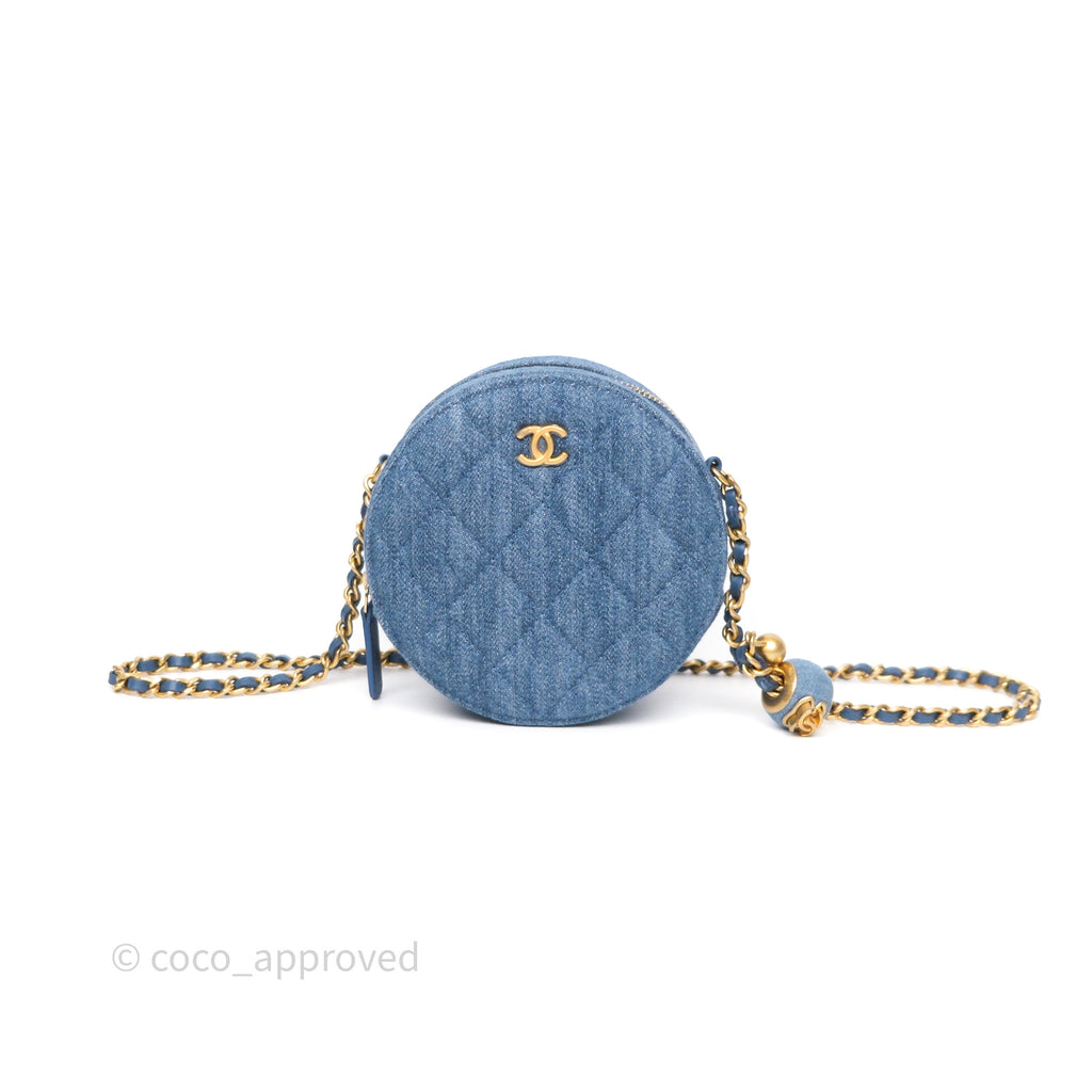 Chanel Pearl Crush Round Clutch With Chain Quilted Denim Aged Gold Hardware