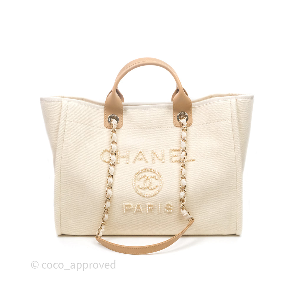 Chanel Large Deauville Light Beige Canvas Imitation Pearl