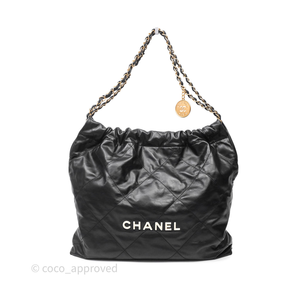 Chanel 22 Medium Black Crumpled Calfskin White Logo Aged Gold Hardware