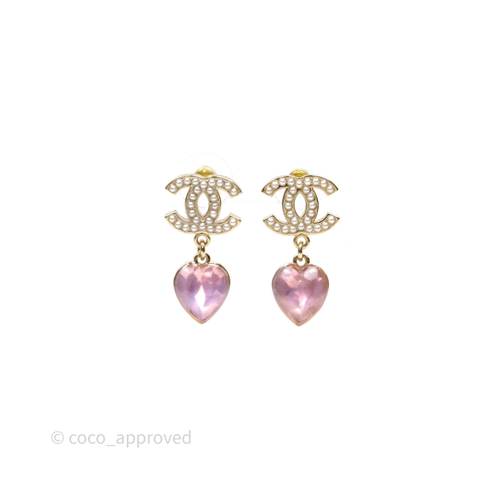 Chanel CC Crystal Heart Pink Drop Earrings 22B